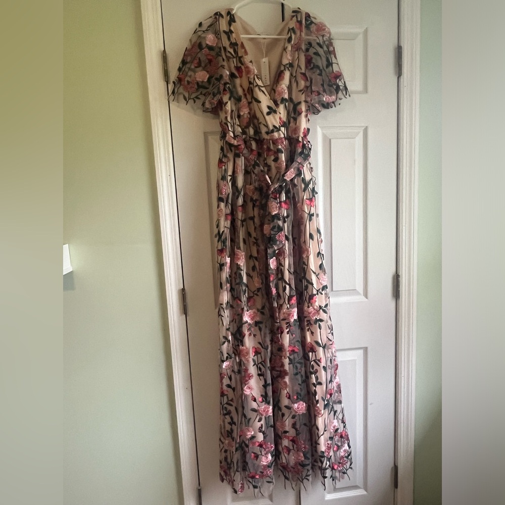 Baltic Born Floral Embroidered Maxi Dress in Beige and Pink